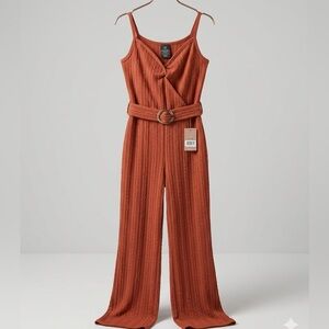 Sleeveless Rust Textured Wide-Leg Jumpsuit with Belt